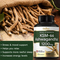 KSM-66 Ashwagandha Extract Capsules 1200mg, Helps with Stress Relief, Mood, Sleep Support, Balanced Energy Levels
