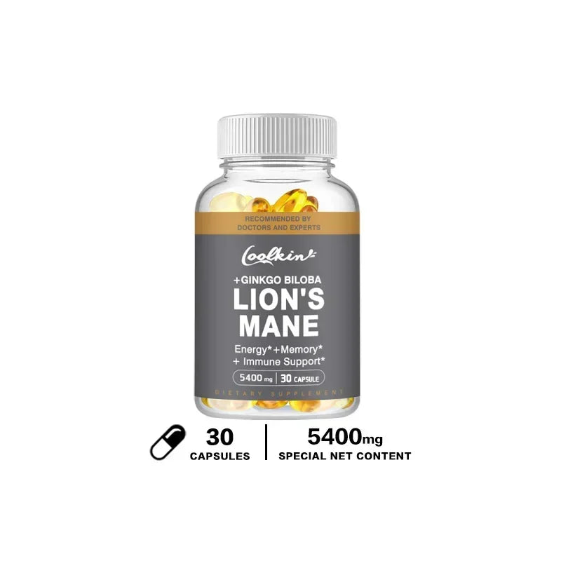 Lion's Mane Mushroom Capsules - Nootropic Brain Booster for Focus Immune & Stress Relief Improve Memory