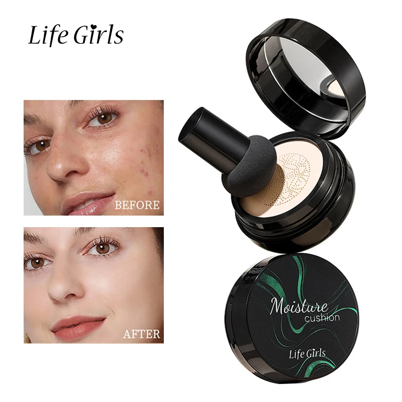 Life Girls Mushroom Moisture Air Cushion Smooth Creamy Texture Foundation Covers Blemishes Creates Flawless Light Base Makeup