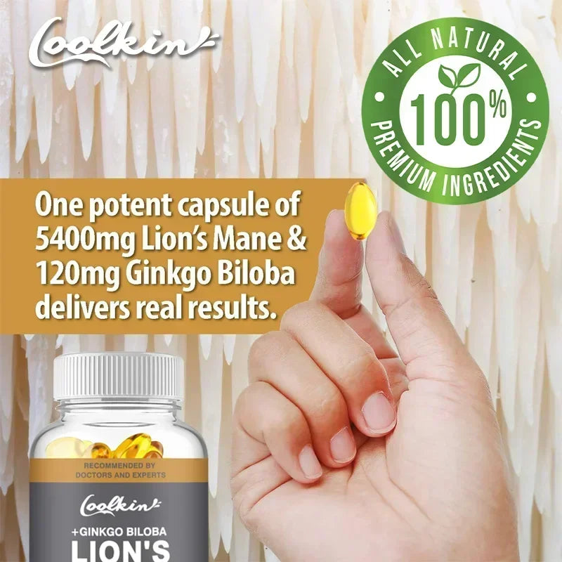 Lion's Mane Mushroom Capsules - Nootropic Brain Booster for Focus Immune & Stress Relief Improve Memory