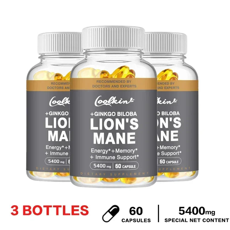 Lion's Mane Mushroom Capsules - Nootropic Brain Booster for Focus Immune & Stress Relief Improve Memory